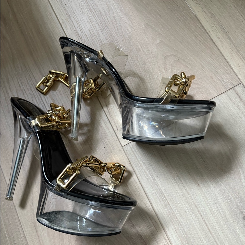 Clear Platform High Heel Sandals with Gold Chain Accent